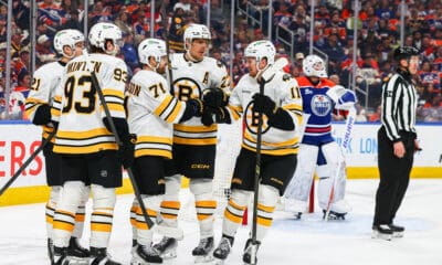 Boston Bruins celebrating a goal against the Edmonton Oilers on December 31, 2025