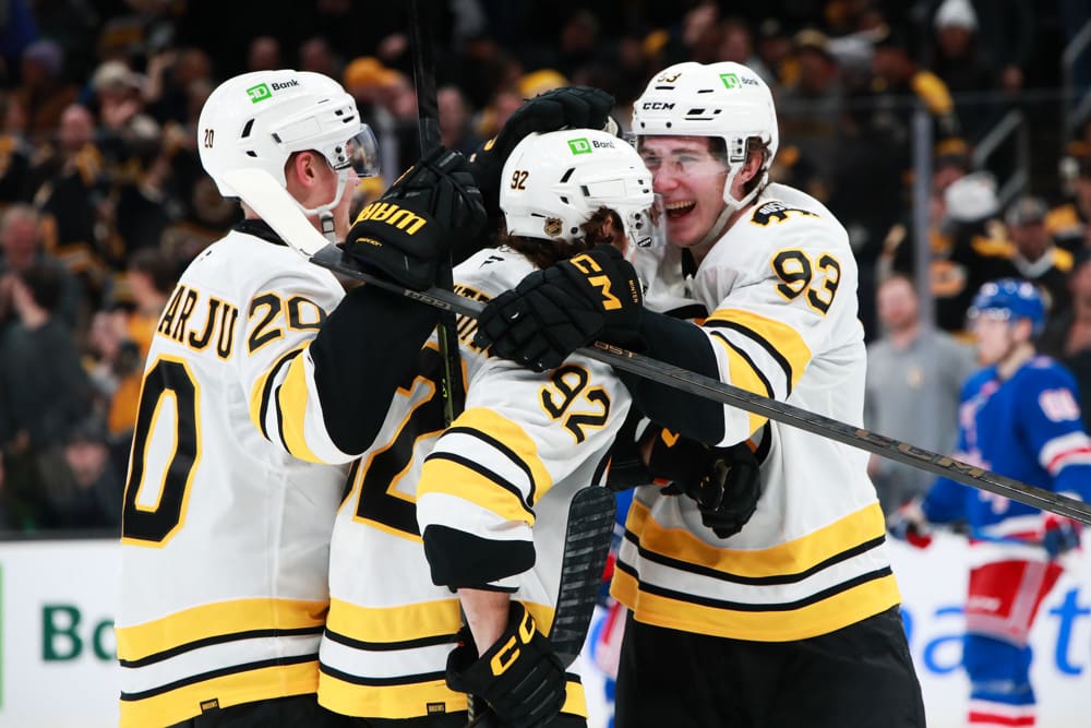 BOSTON, MA - JANUARY 10: Fraser Minten #93 of the Boston Bruins celebrates Marat Khusnutdinov #92 of the Boston Bruins after scoring his hat-trick goal during the game between the Boston Bruins and the New York Rangers on January 10, 2026, at TD Garden in Boston, MA. (Photo by Summer Lamont/Icon Sportswire)