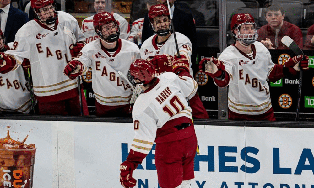 Boston College (Bruins prospect) James Hagens celebrates a goal at Beanpot (Photo Courtesy of Boston College Eagles on Facebook)