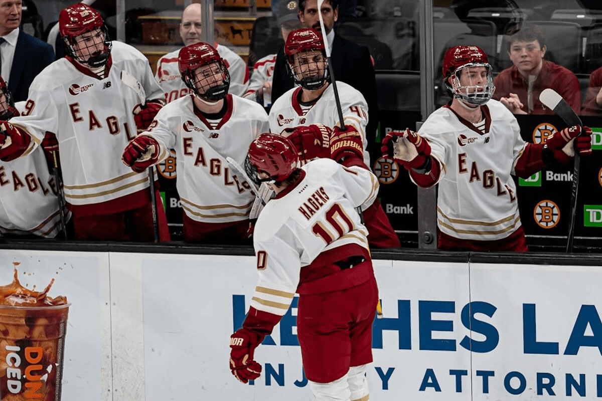 Boston College (Bruins prospect) James Hagens celebrates a goal at Beanpot (Photo Courtesy of Boston College Eagles on Facebook)