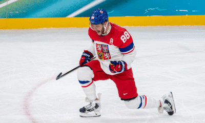 Czechia forward David Pastrnak (Bruins) celebrates a goal he scored for Czechia (photo Bruins X)