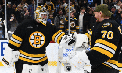 Jeremy Swayman and Joonas Korpisalo celebrate a win at the TD Garden (Boston Bruins via X)