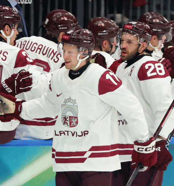 Dans Locmelis (LAT) celebrates a goal at the Olympics in Milan. Photo courtesy of Bruins X
