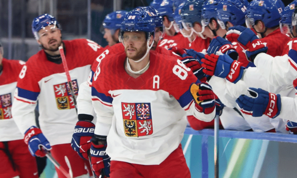 David Pastrnak (Bruins) of Team Czechia celebrates a goal. Photo courtesy of the @NHLBruins on 𝕏